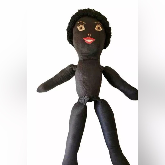 Vtg African American Cloth Rag Doll Handmade Folk Art Curly Yarn Hair Black - Picture 3 of 4